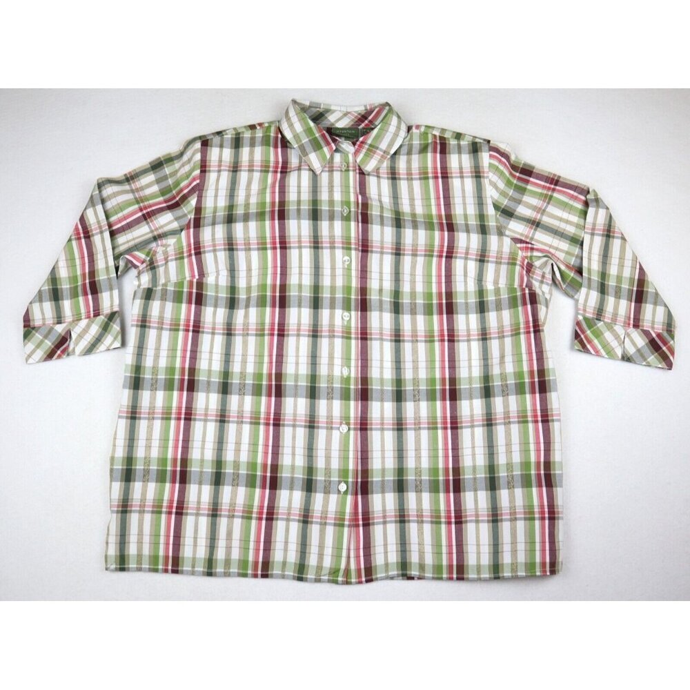 WOMEN'S PLAID 3/4 SLEEVE BUTTON UP TOP - MOUNTAIN LAKE - SIZE 16W
